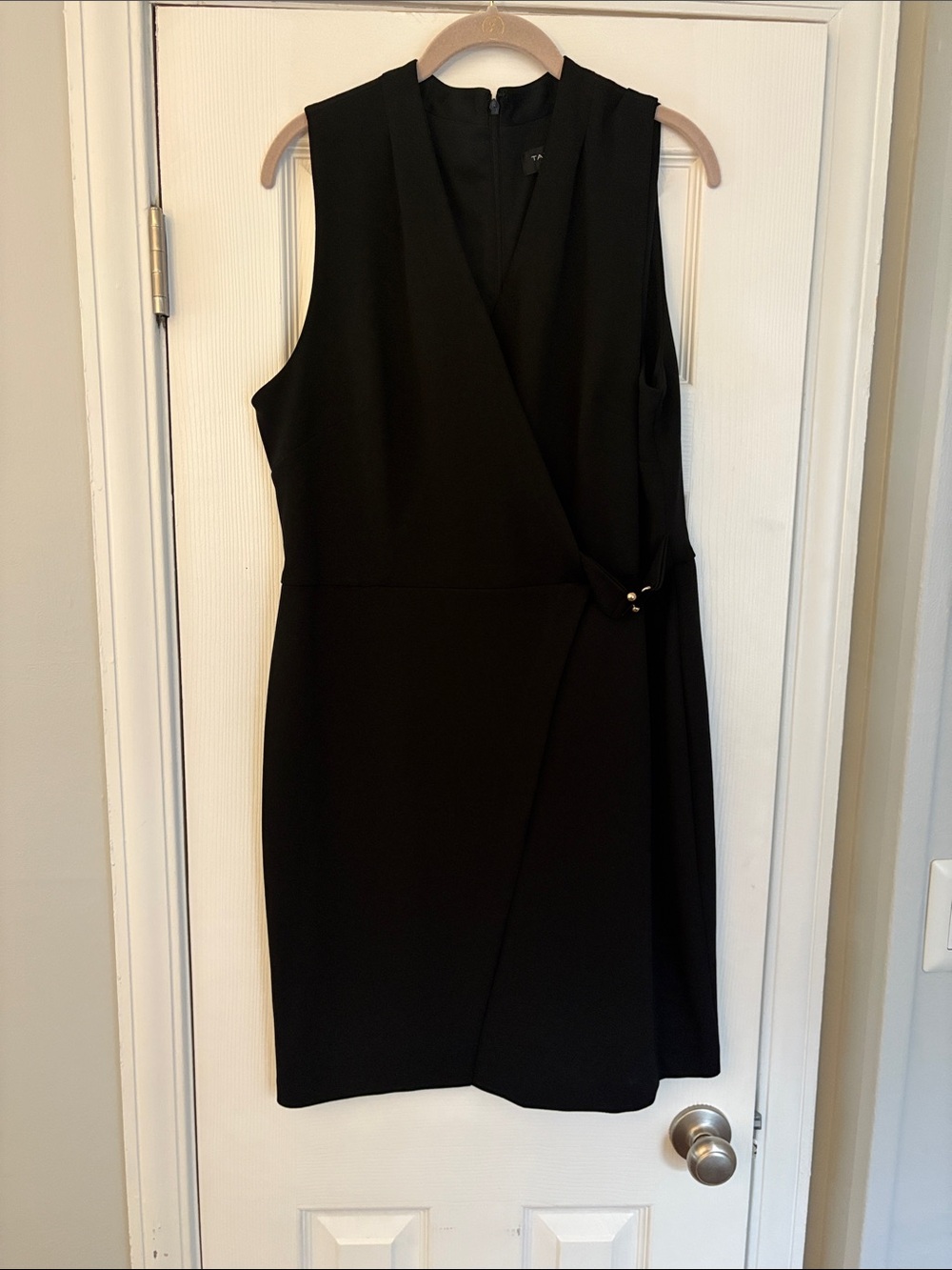 Tahari ASL Black Sleeveless Faux Wrap Buckle Dress Size 14 Work Career Office